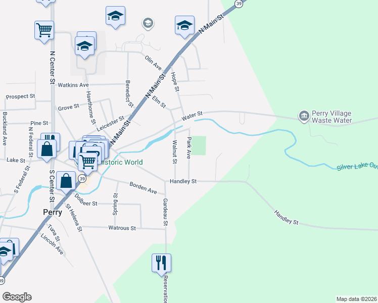 map of restaurants, bars, coffee shops, grocery stores, and more near Park Avenue in Perry