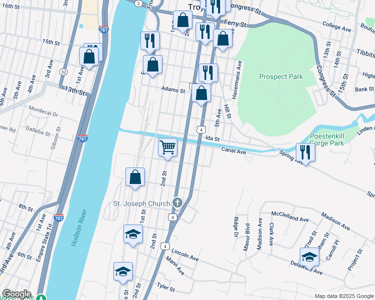 map of restaurants, bars, coffee shops, grocery stores, and more near 66 Ida Street in Troy