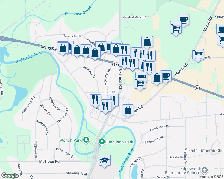 map of restaurants, bars, coffee shops, grocery stores, and more near 4792 Ardmore Avenue in Meridian charter Township