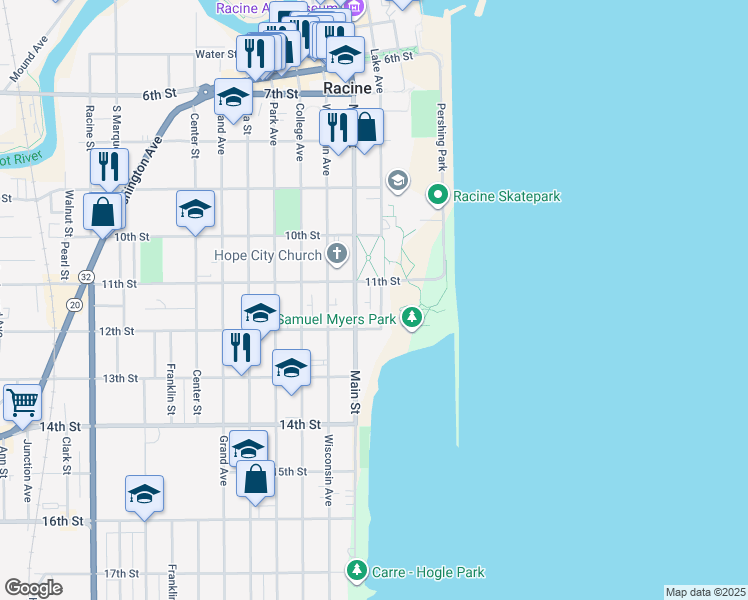 map of restaurants, bars, coffee shops, grocery stores, and more near 111 11th Street in Racine