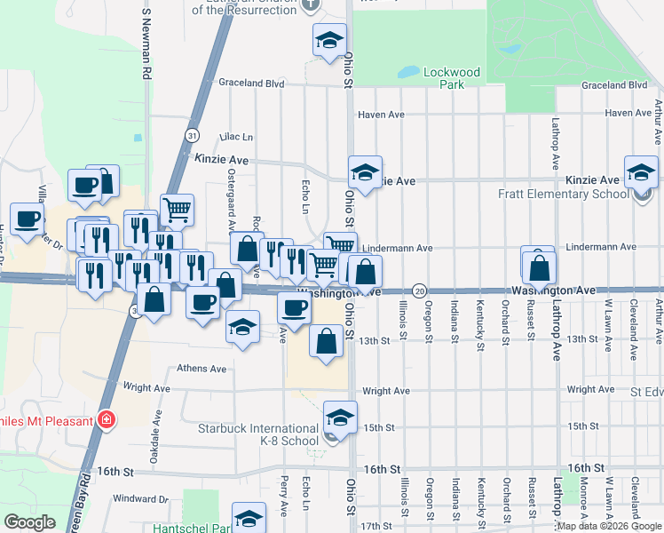 map of restaurants, bars, coffee shops, grocery stores, and more near 1119 Crab Tree Circle in Racine