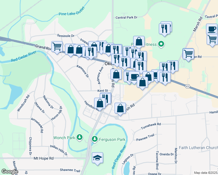 map of restaurants, bars, coffee shops, grocery stores, and more near 4787 Okemos Road in Meridian charter Township