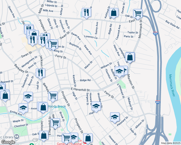 map of restaurants, bars, coffee shops, grocery stores, and more near 35 Linehan Street in Lawrence