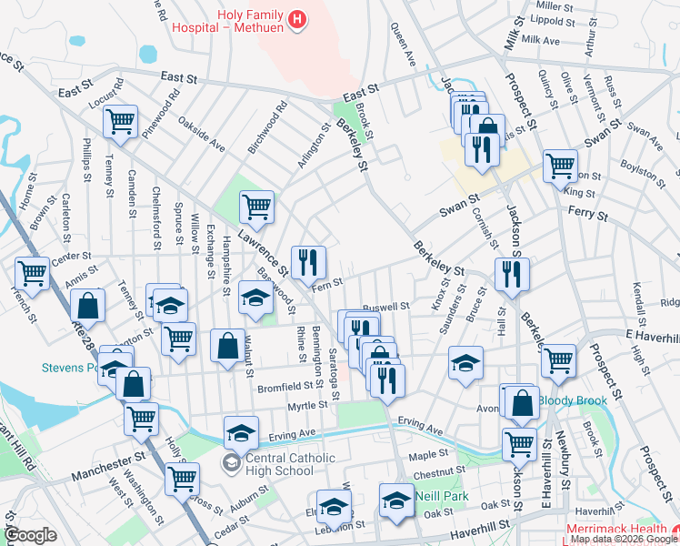 map of restaurants, bars, coffee shops, grocery stores, and more near 45 Fern Street in Lawrence