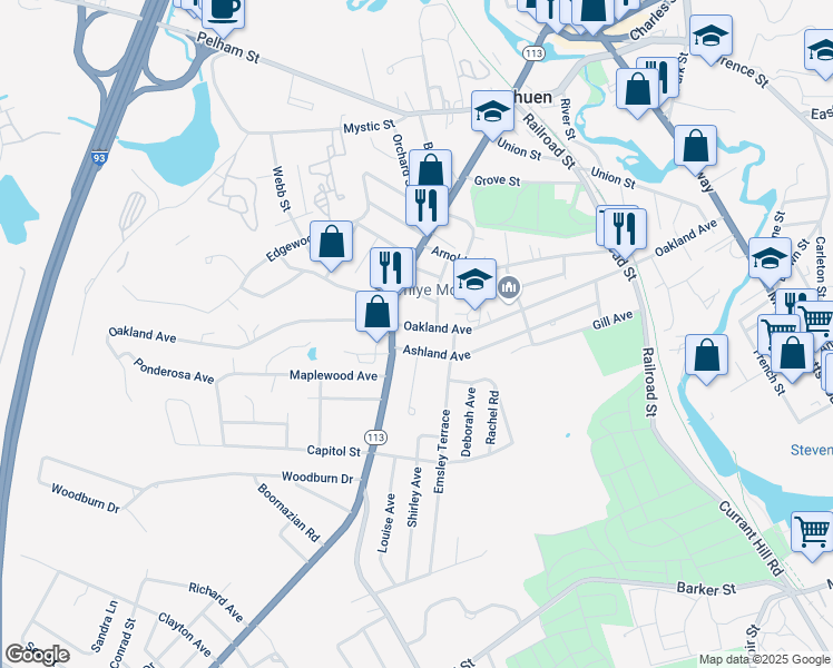 map of restaurants, bars, coffee shops, grocery stores, and more near 139 Oakland Avenue in Methuen