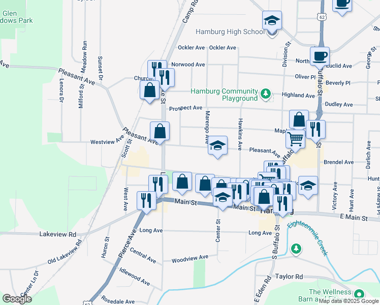 map of restaurants, bars, coffee shops, grocery stores, and more near 223 Pleasant Avenue in Hamburg