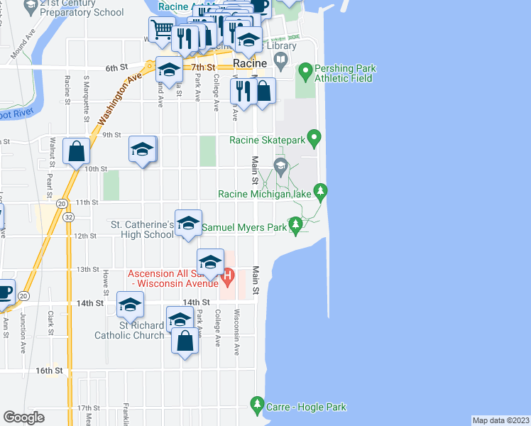 map of restaurants, bars, coffee shops, grocery stores, and more near 111 11th Street in Racine