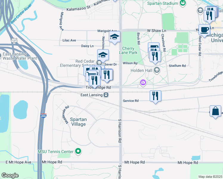 map of restaurants, bars, coffee shops, grocery stores, and more near 1020 Trowbridge Road in East Lansing