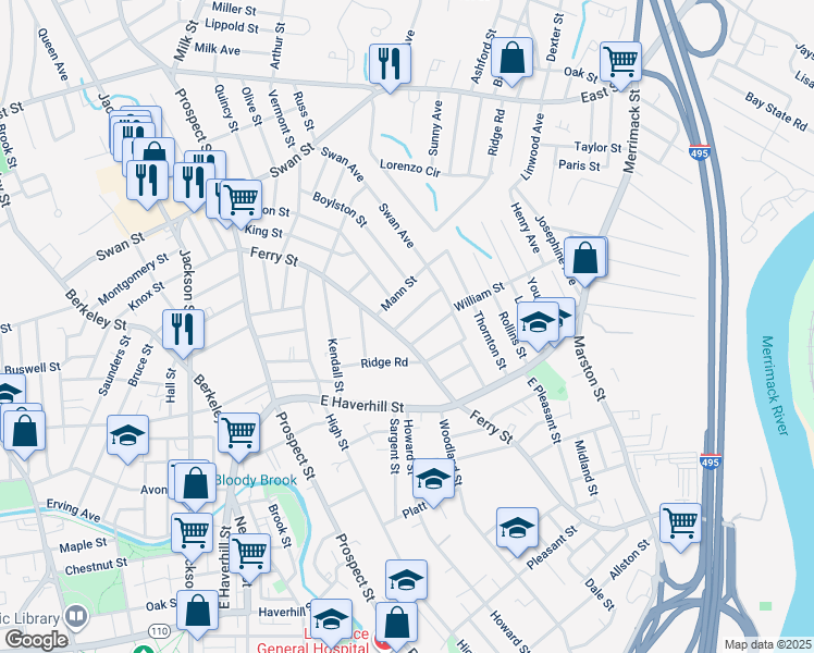 map of restaurants, bars, coffee shops, grocery stores, and more near 35 Linehan Street in Lawrence