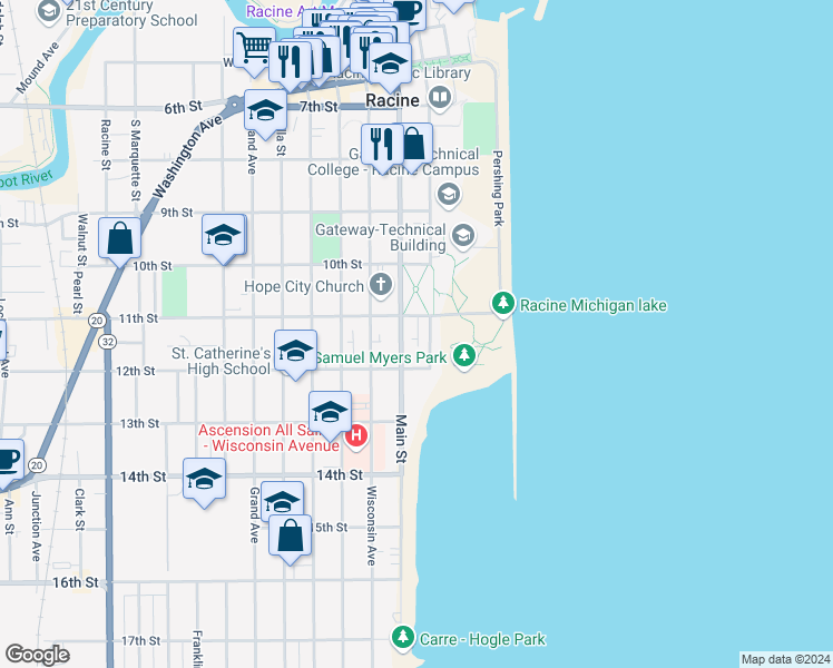 map of restaurants, bars, coffee shops, grocery stores, and more near 111 11th Street in Racine