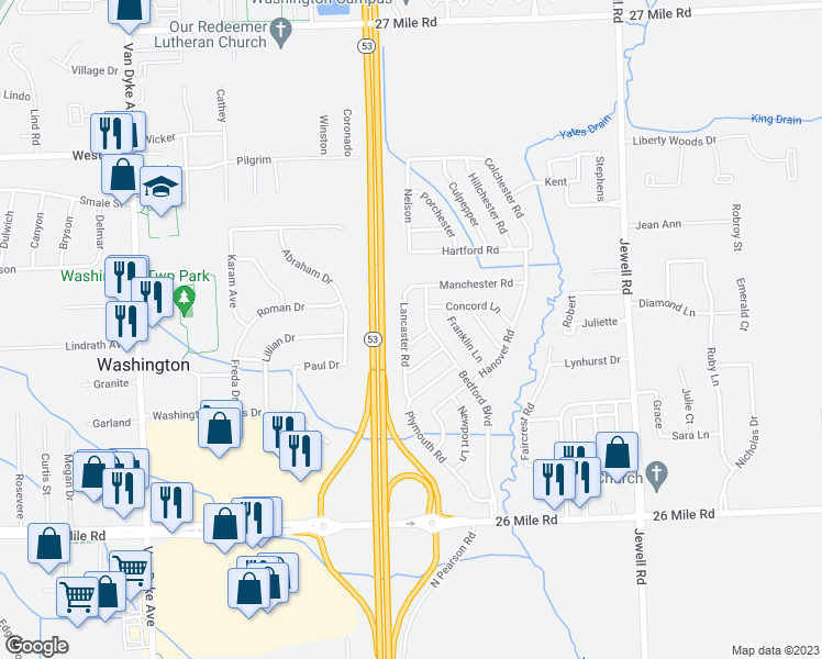 map of restaurants, bars, coffee shops, grocery stores, and more near 57764 Lancaster Road in Washington