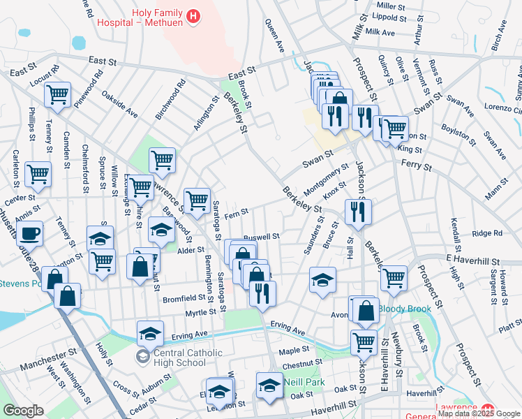 map of restaurants, bars, coffee shops, grocery stores, and more near 96 Eutaw Street in Lawrence