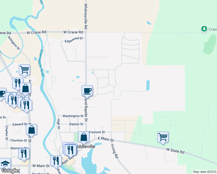 map of restaurants, bars, coffee shops, grocery stores, and more near 472 Tanglewood Drive in Middleville