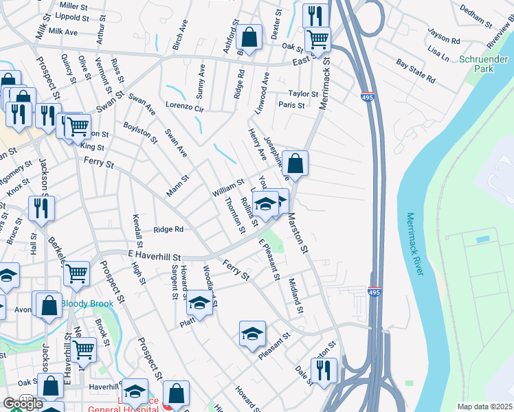 map of restaurants, bars, coffee shops, grocery stores, and more near 84 Leroy Avenue in Lawrence
