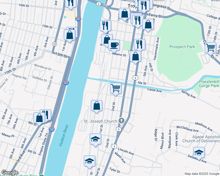 map of restaurants, bars, coffee shops, grocery stores, and more near 278-290 1st Street in Troy