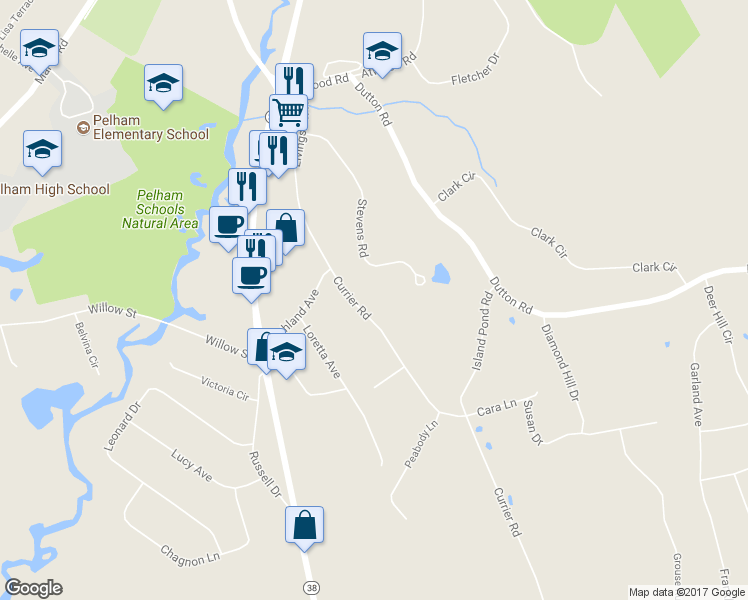 map of restaurants, bars, coffee shops, grocery stores, and more near 27 Currier Road in Pelham