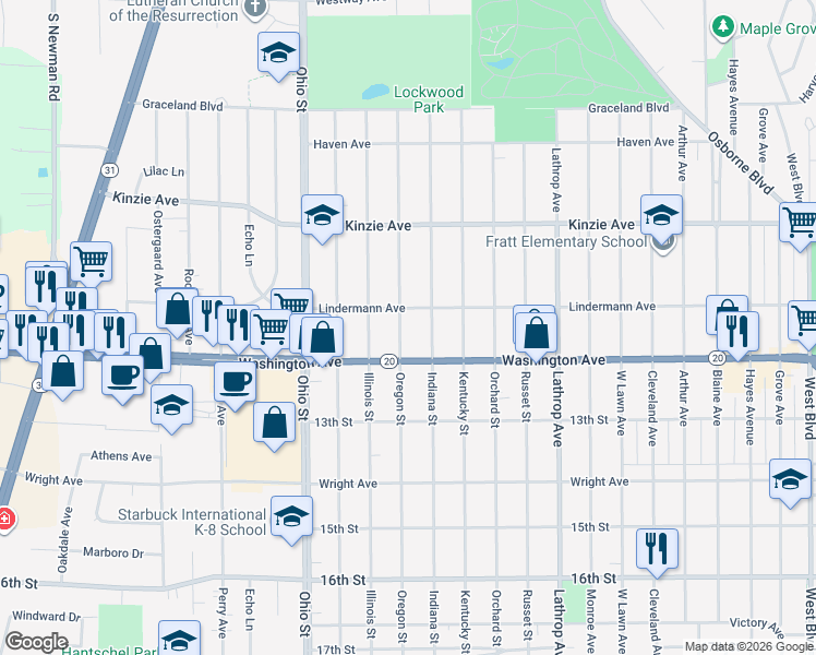 map of restaurants, bars, coffee shops, grocery stores, and more near 1117 Oregon Street in Racine