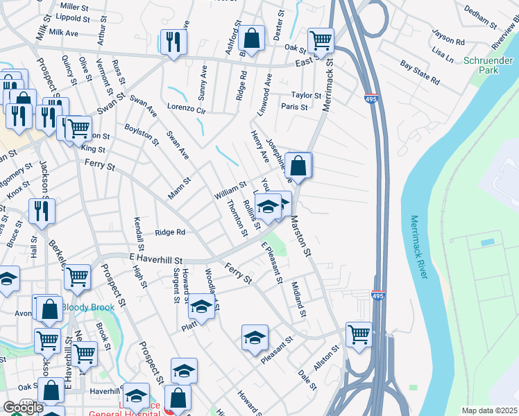map of restaurants, bars, coffee shops, grocery stores, and more near 84 Leroy Avenue in Lawrence