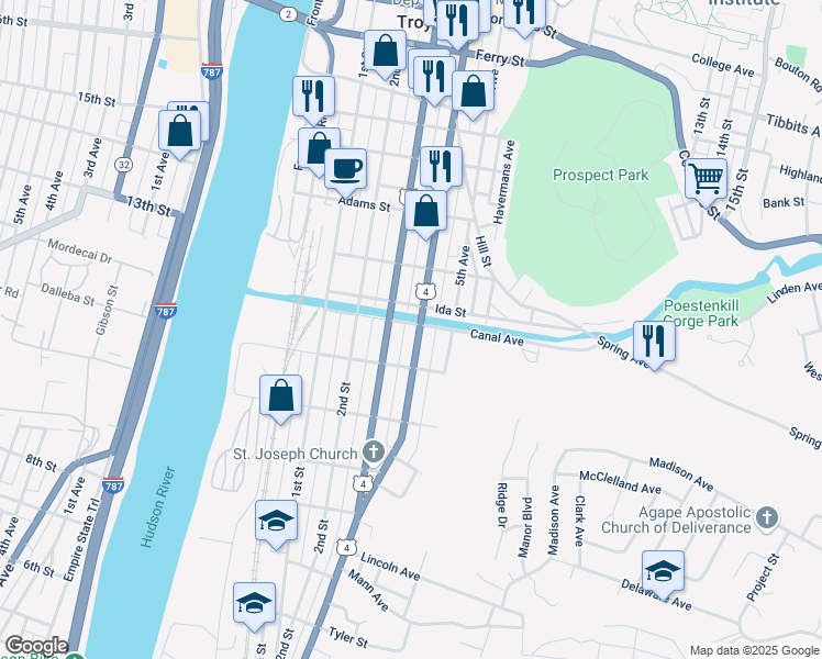 map of restaurants, bars, coffee shops, grocery stores, and more near 66 Ida Street in Troy
