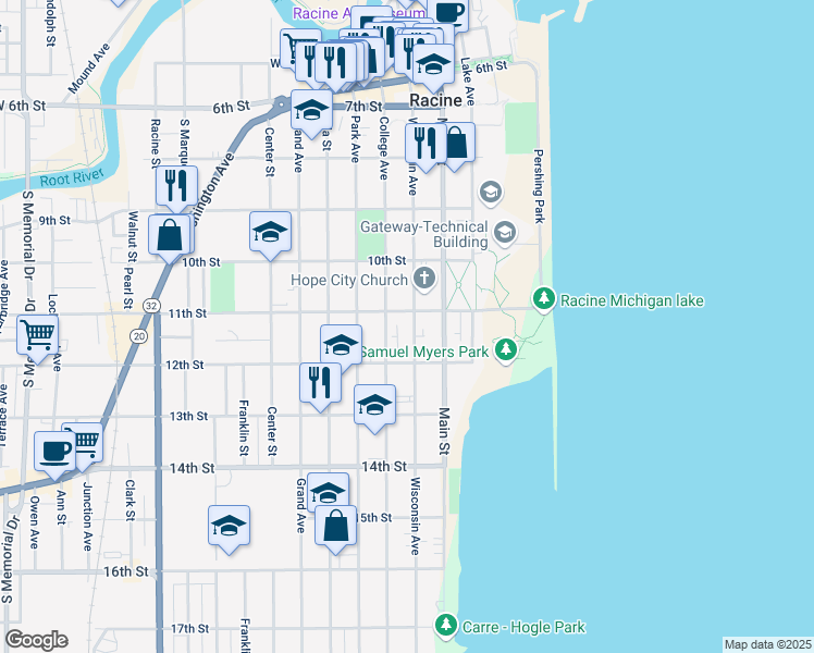 map of restaurants, bars, coffee shops, grocery stores, and more near 1101 College Avenue in Racine