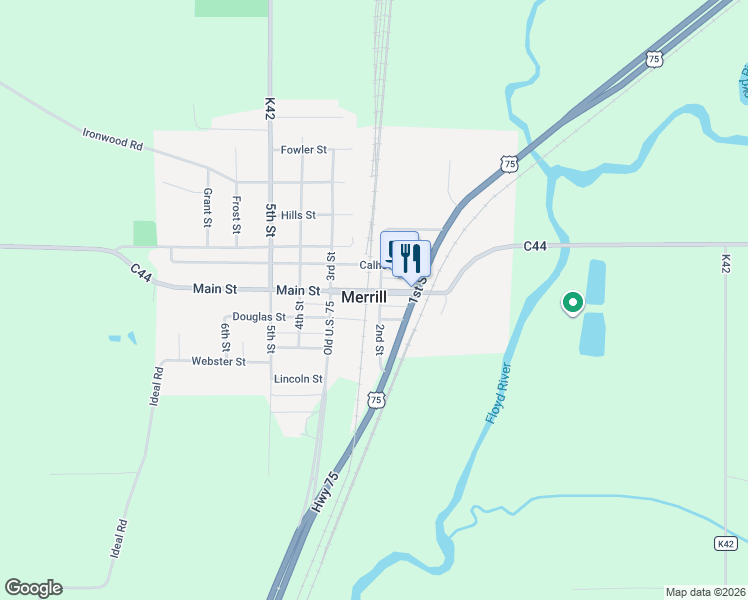 map of restaurants, bars, coffee shops, grocery stores, and more near 300-398 2nd Street in Merrill