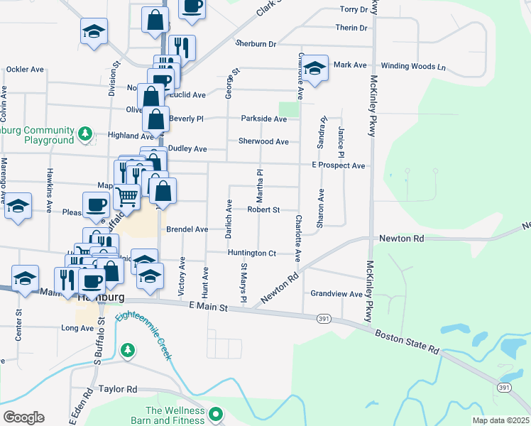 map of restaurants, bars, coffee shops, grocery stores, and more near 57 Martha Place in Hamburg