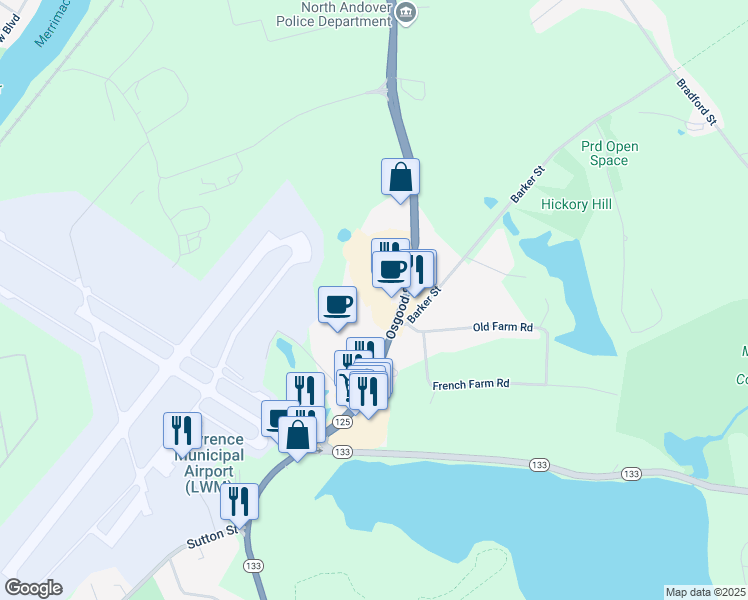 map of restaurants, bars, coffee shops, grocery stores, and more near 1252 Osgood Street in North Andover