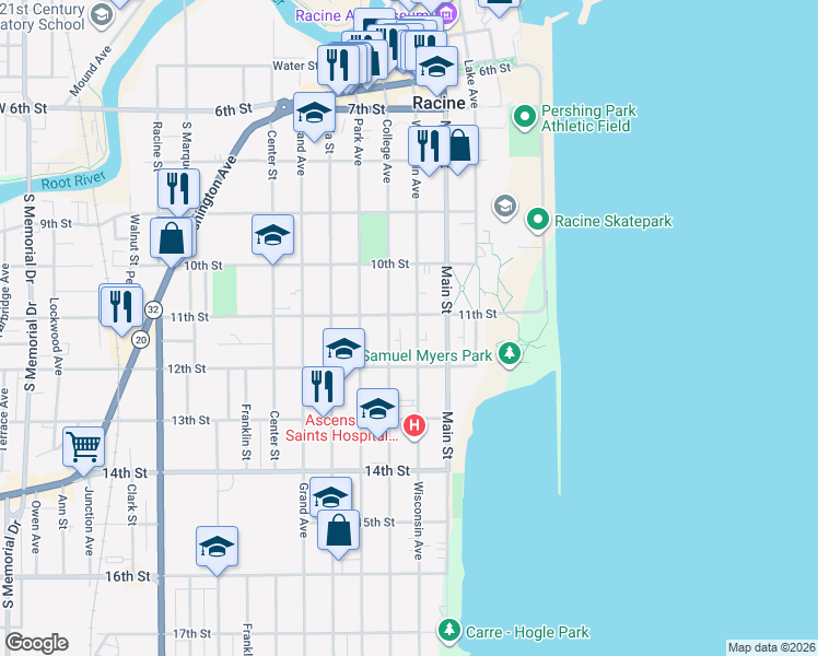 map of restaurants, bars, coffee shops, grocery stores, and more near 1101 College Avenue in Racine