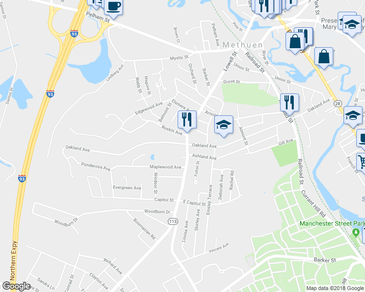 map of restaurants, bars, coffee shops, grocery stores, and more near 150.5 Oakland Avenue in Methuen