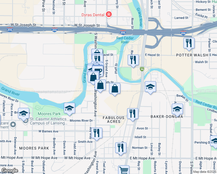 map of restaurants, bars, coffee shops, grocery stores, and more near 1203 South Washington Avenue in Lansing