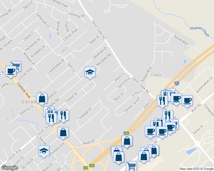 map of restaurants, bars, coffee shops, grocery stores, and more near 27 Myers Court in Colonie