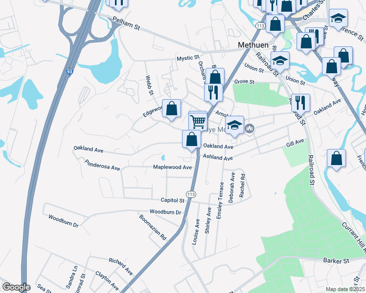 map of restaurants, bars, coffee shops, grocery stores, and more near 175 Oakland Avenue in Methuen
