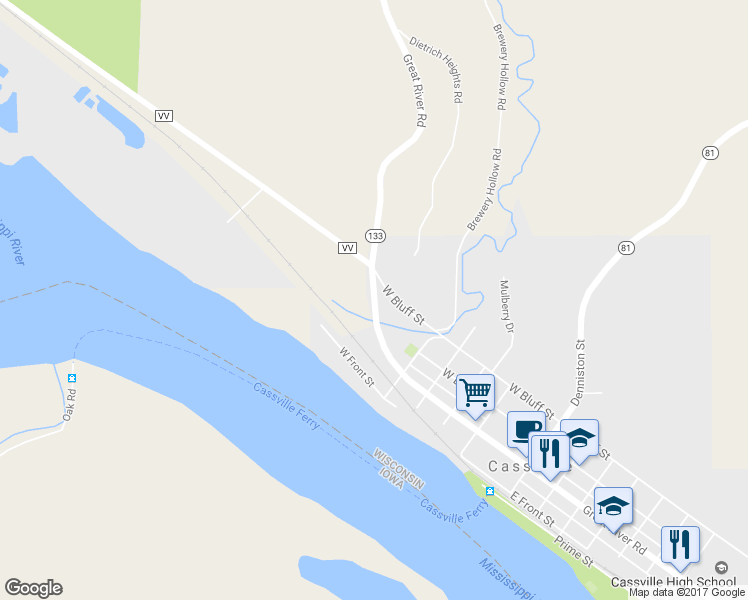 map of restaurants, bars, coffee shops, grocery stores, and more near 5877 Wisconsin 133 in Cassville