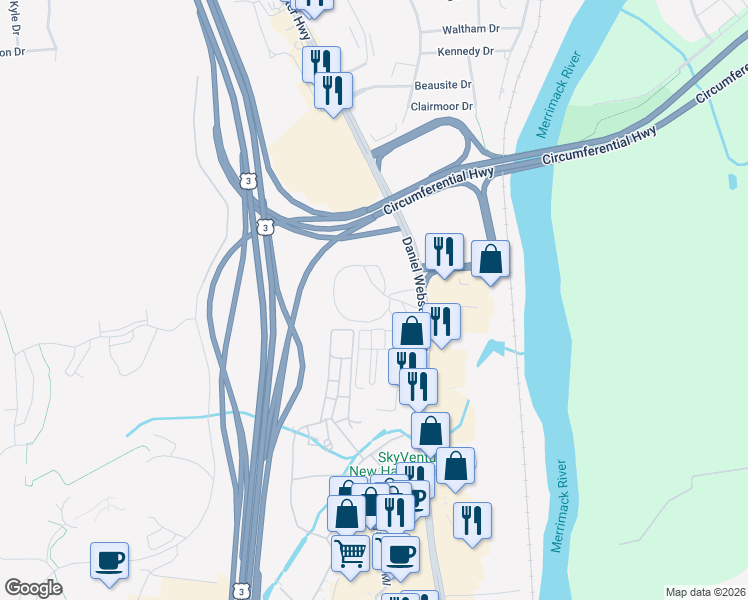 map of restaurants, bars, coffee shops, grocery stores, and more near 10 Autumn Leaf Drive in Nashua