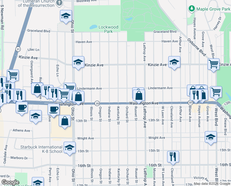 map of restaurants, bars, coffee shops, grocery stores, and more near 4119 Lindermann Avenue in Racine