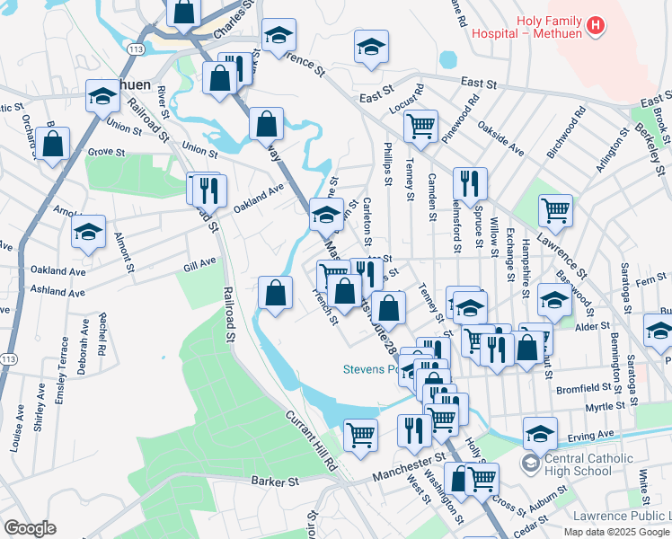 map of restaurants, bars, coffee shops, grocery stores, and more near 80 Broadway in Methuen