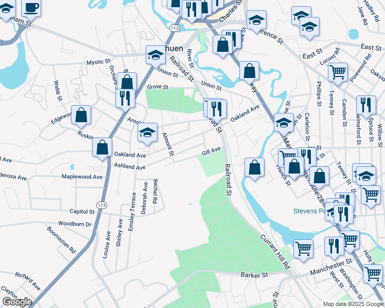 map of restaurants, bars, coffee shops, grocery stores, and more near 14 Ashland Avenue in Methuen
