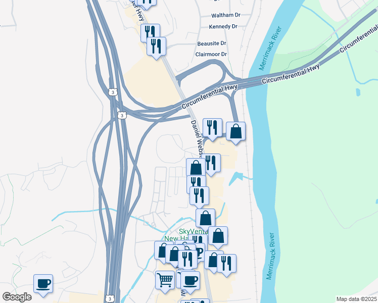 map of restaurants, bars, coffee shops, grocery stores, and more near in Nashua
