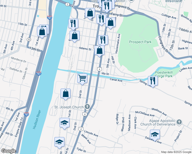 map of restaurants, bars, coffee shops, grocery stores, and more near 66 Ida Street in Troy