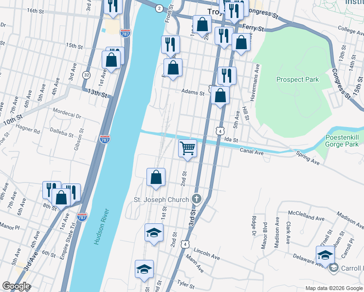 map of restaurants, bars, coffee shops, grocery stores, and more near 278-290 1st Street in Troy