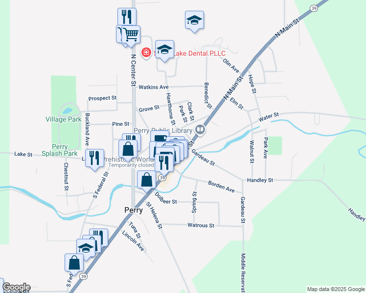 map of restaurants, bars, coffee shops, grocery stores, and more near 21 Page Circle in Perry