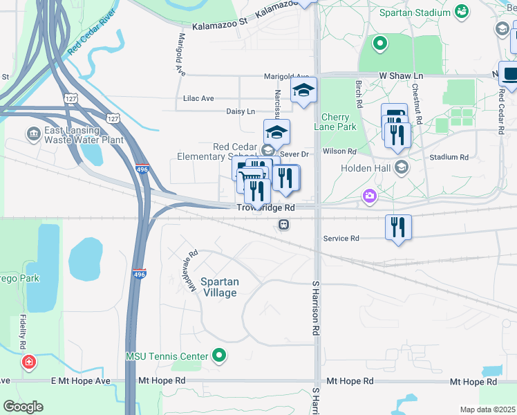 map of restaurants, bars, coffee shops, grocery stores, and more near 1090 Trowbridge Road in East Lansing