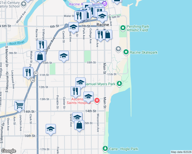 map of restaurants, bars, coffee shops, grocery stores, and more near 1101 College Avenue in Racine