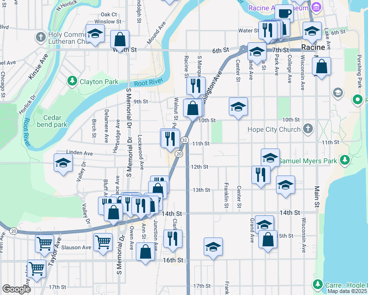 map of restaurants, bars, coffee shops, grocery stores, and more near 1101 Racine Street in Racine