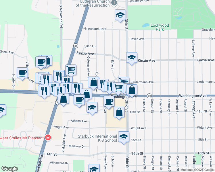 map of restaurants, bars, coffee shops, grocery stores, and more near 1100 Echo Circle in Racine