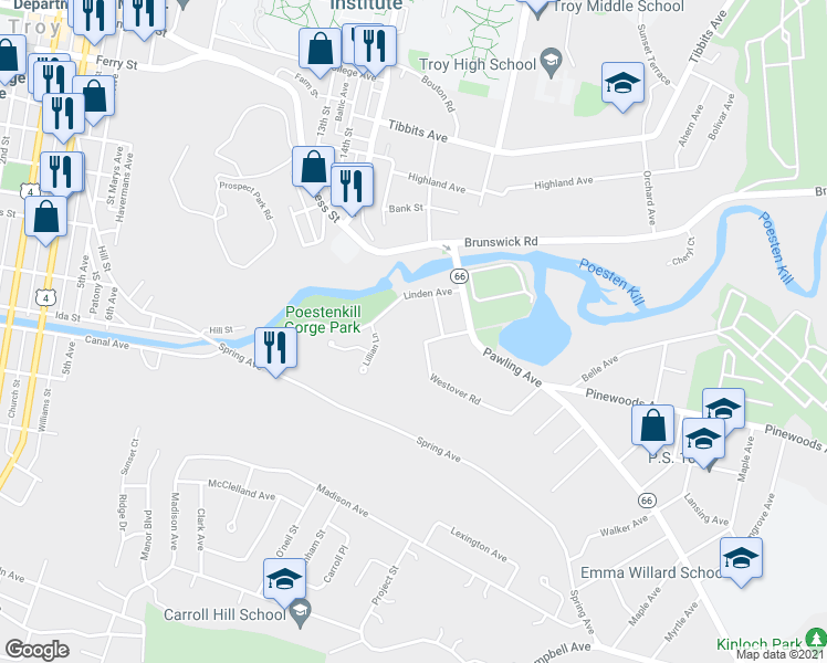 map of restaurants, bars, coffee shops, grocery stores, and more near 25 Westover Road in Troy