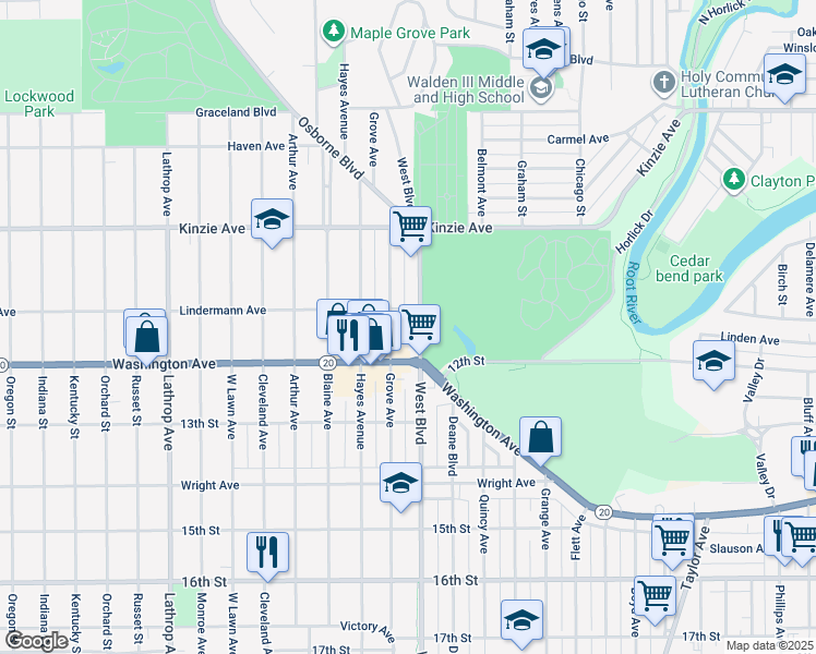 map of restaurants, bars, coffee shops, grocery stores, and more near 1051 West Boulevard in Racine