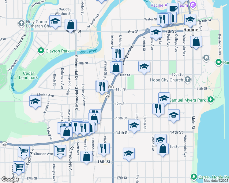 map of restaurants, bars, coffee shops, grocery stores, and more near 1101 Racine Street in Racine