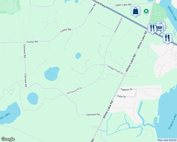 map of restaurants, bars, coffee shops, grocery stores, and more near 7651 Maple Ridge Court in Clarkston