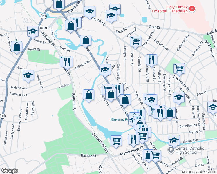 map of restaurants, bars, coffee shops, grocery stores, and more near 72 Broadway in Methuen